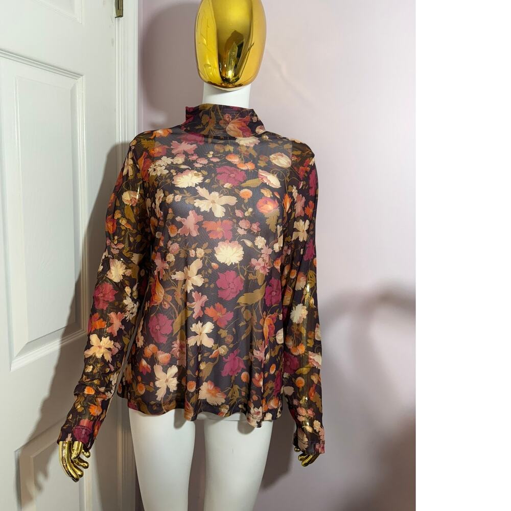 Anthropologie XL Floral Mesh Mock Neck Long Sleeve Sheer Top Boho
